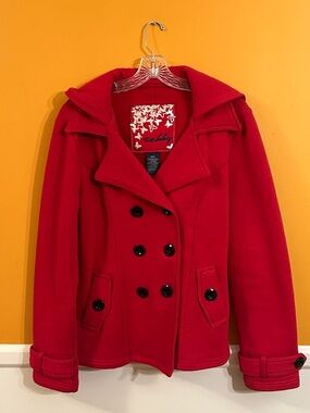 Red Double-Breasted Peacoat with Wide Collar